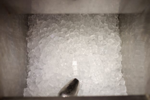 ice cubes in a bin