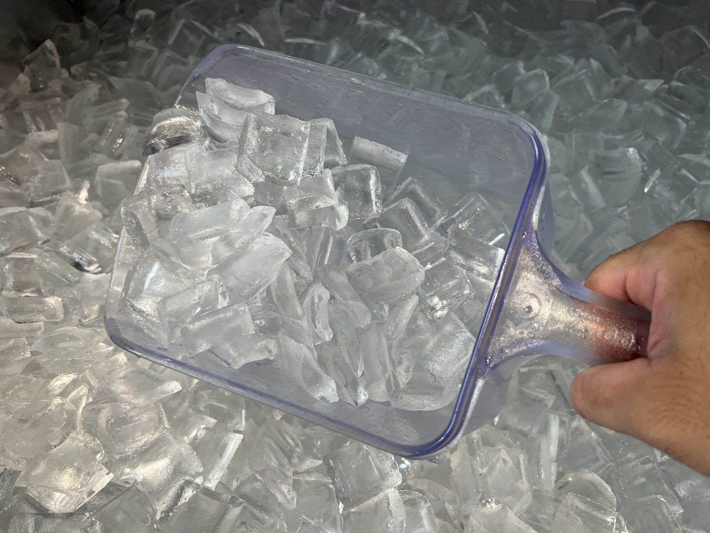 a close-up image of ice cubes being scooped out with a plastic scoop