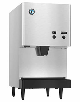 A silver-colored ice maker standing on a white background.