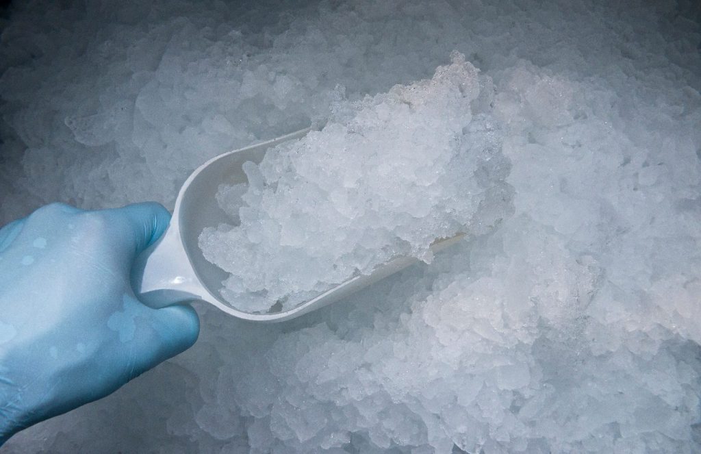 An image of a person wearing blue gloves scooping ice cubes from an ice machine